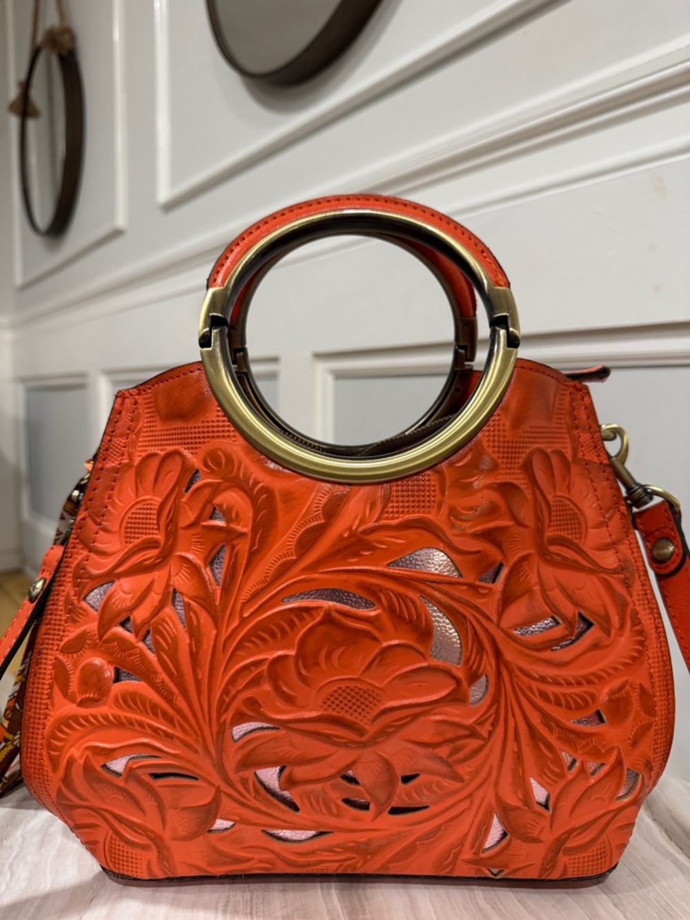 Patricia Nash Bag Aria Double Ring Orange Leather Floral Laser Cut Crossbody - Picture 5 of 17